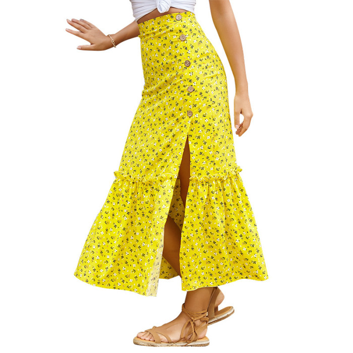 Women's Fashionable Floral Ear Hem High Waist Resort Style Slit A-Line Skirt