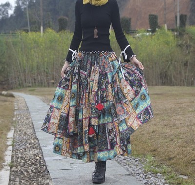 Trend Flower Print Long Cotton Linen Skirt Irregular Maxi Skirt