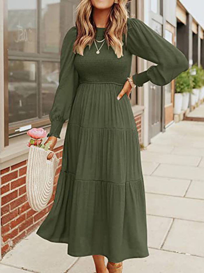 Boho Office Lady Pleated Layered Long-sleeved Swing Maxi  Black Casual Dresses