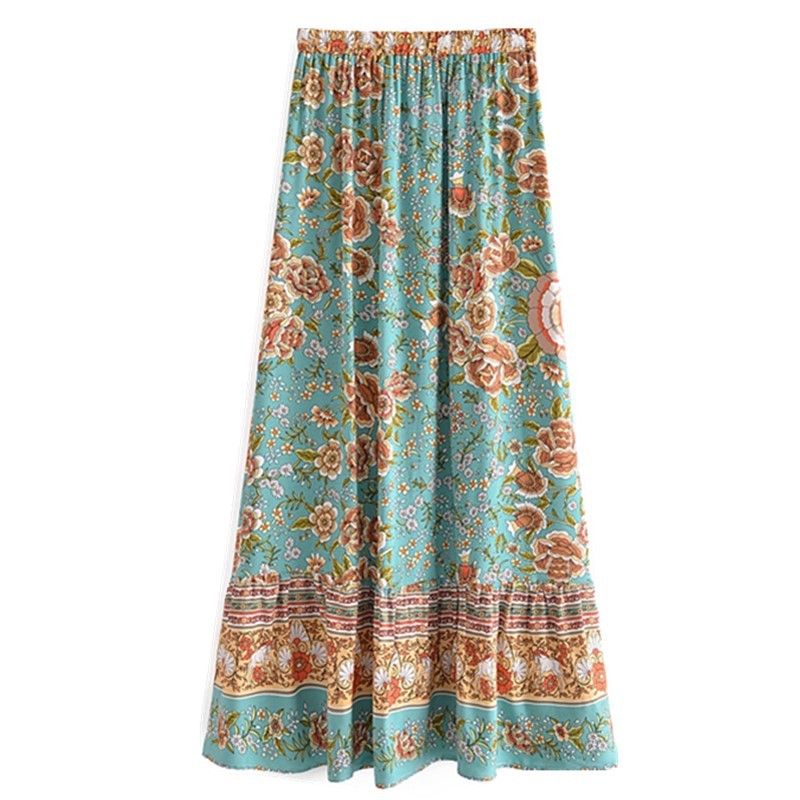 Bohemia Floral Print Long Skirt Spliced Ruched Ruffle Hem Hippie Women Tassel Bow Adjust Waist Swing Skirts Holiday Beach