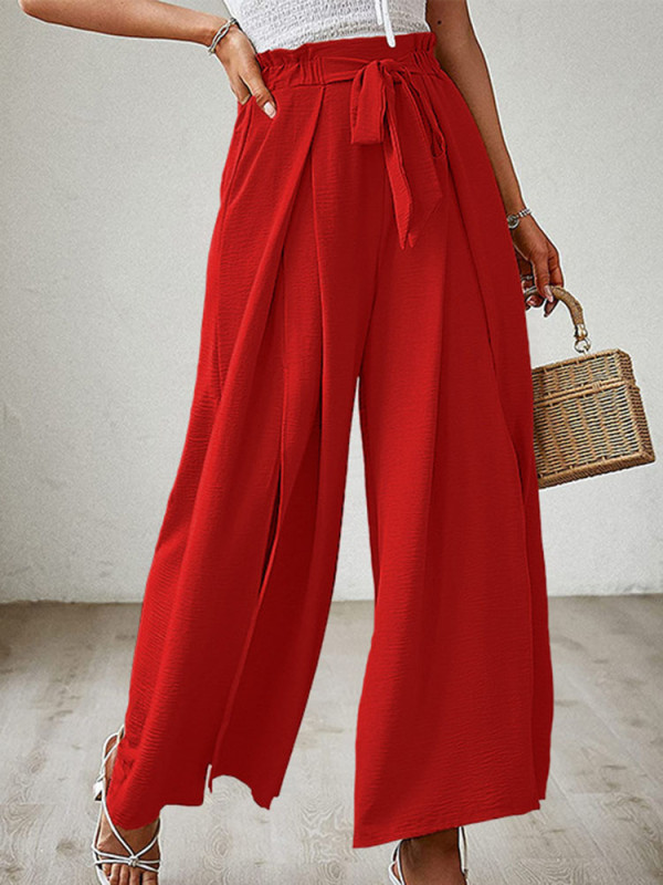Boho Fashion Wide Leg Red Pant  Bow-tie Loose High-waist Pleated Wide-leg Belt Pants