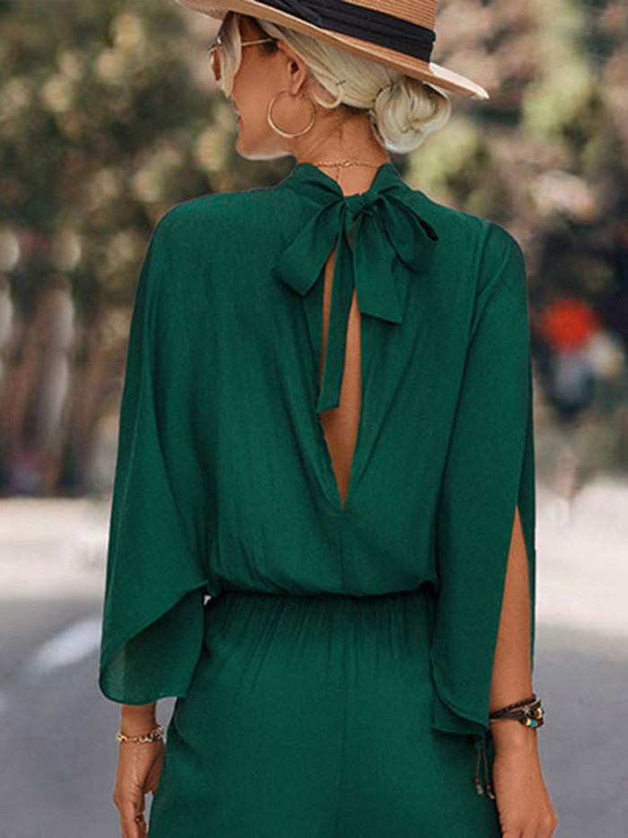 Elegant Women JumpsuitsLoose Stand Collar Split Sleeve Office Romper Fashion Overalls Streetwear Female