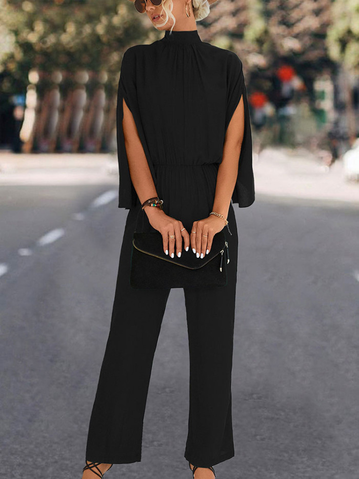 Elegant Women JumpsuitsLoose Stand Collar Split Sleeve Office Romper Fashion Overalls Streetwear Female