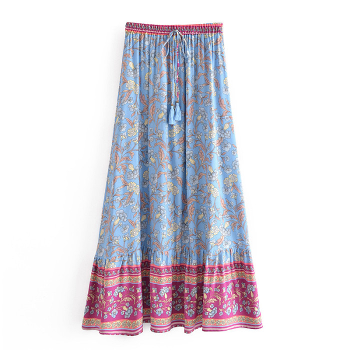 Bohemia Floral Print Long Skirt Spliced Ruched Ruffle Hem Hippie Women Tassel Bow Adjust Waist Swing Skirts Holiday Beach