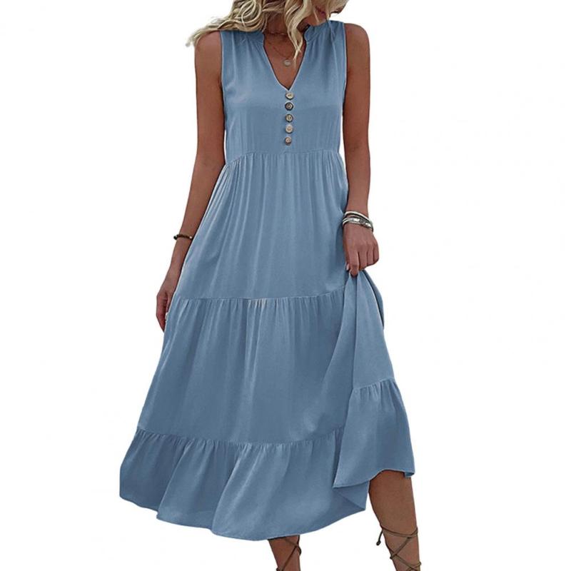 Button V-neck Sleeveless Solid Color Loose Pleated Lady Midi Dress