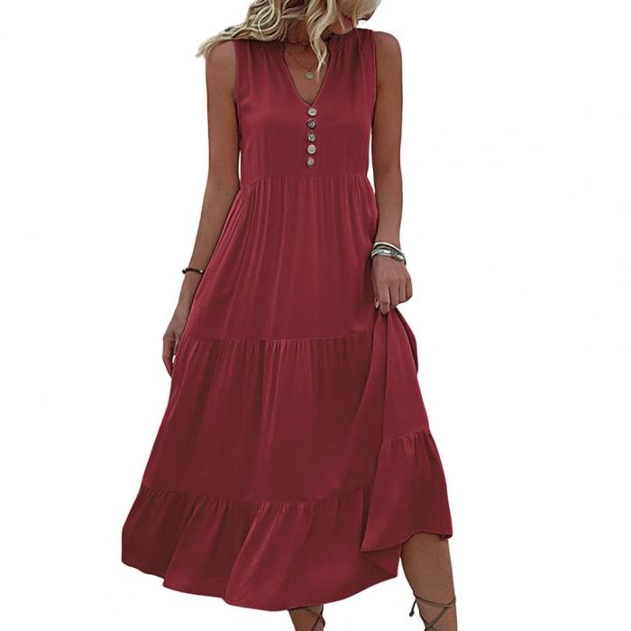 Button V-neck Sleeveless Solid Color Loose Pleated Lady Midi Dress