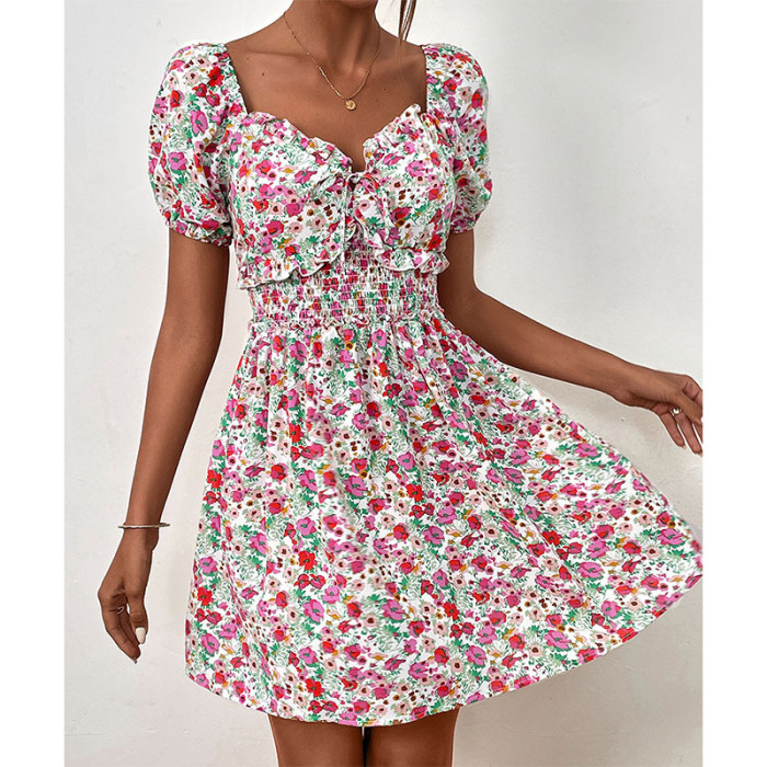 Women's Elegant and Fashionable Floral High Waist Puff Sleeve Dress