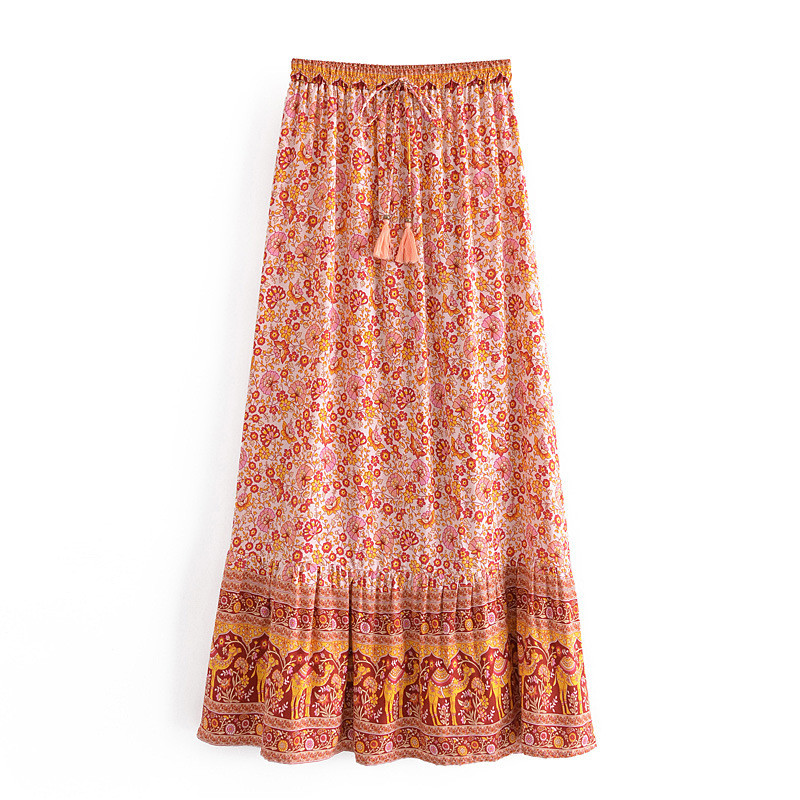 Bohemia Floral Print Long Skirt Spliced Ruched Ruffle Hem Hippie Women Tassel Bow Adjust Waist Swing Skirts Holiday Beach