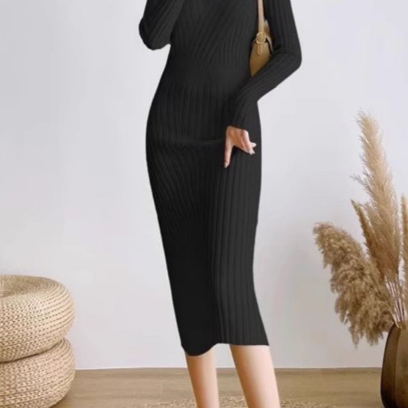 Solid V Neck Knit Dress, Elegant Long Sleeve Slim Dress For Spring & Fall, Women's Clothing