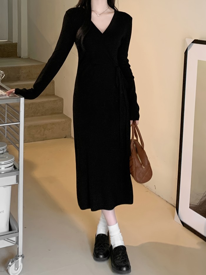Solid V-neck Slim Dress, Elegant Long Sleeve Dress For Spring & Fall, Women's Clothing