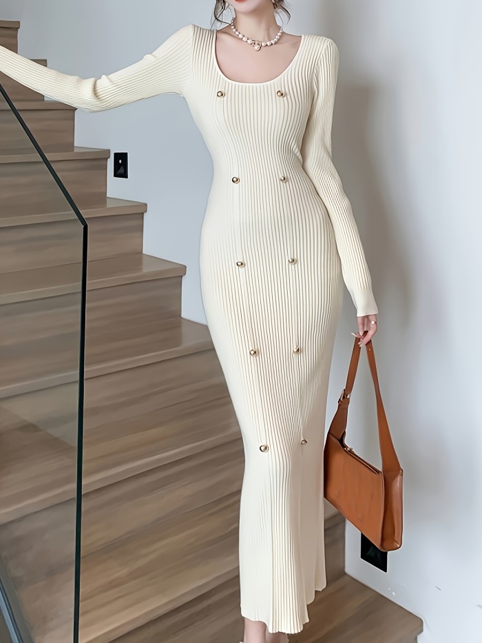 Ribbed Slim Solid Dress, Elegant Long Sleeve Dress For Spring & Fall, Women's Clothing