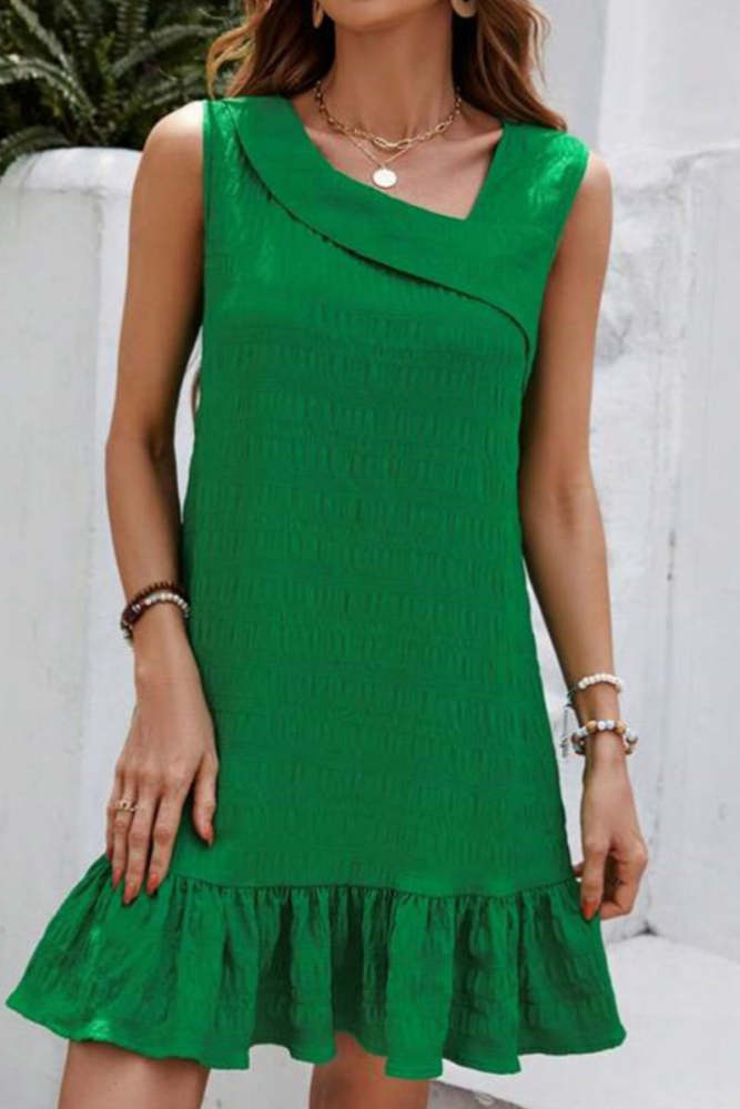 Elegant Solid Flounce Fold Oblique Collar Sleeveless Dress Dresses