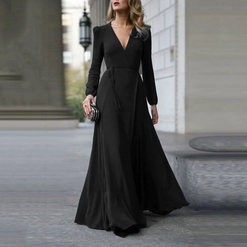 Vintage Formal Dress Women Lady V Neck Long Sleeve Maxi Dress Autumn Winter Evening Party Wedding Prom Gown Dress