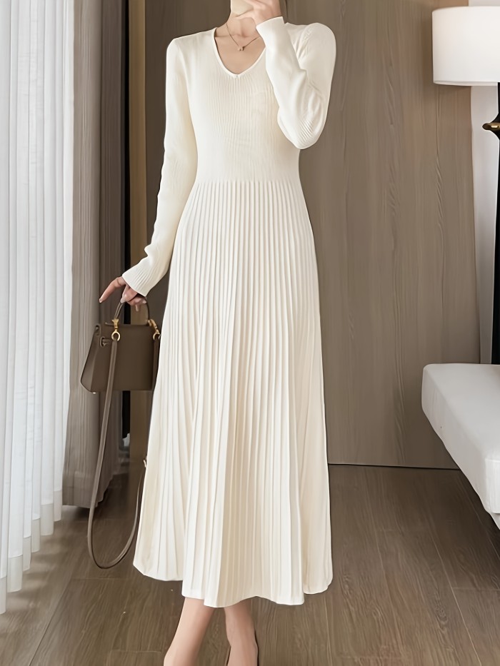 Solid Pleated Hem Knitted Dress, Elegant Long Sleeve V-neck Sweater Dress, Women's Clothing