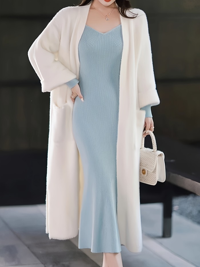 Solid Knitted Mermaid Hem Bodycon Dress, Elegant V-neck Long Sleeve Dress, Women's Clothing