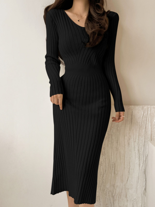 Solid V Neck Knit Dress, Elegant Long Sleeve Slim Dress For Spring & Fall, Women's Clothing