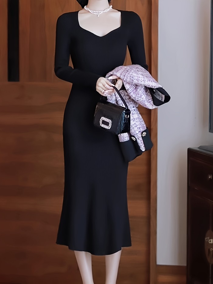 Solid Knitted Mermaid Hem Bodycon Dress, Elegant V-neck Long Sleeve Dress, Women's Clothing