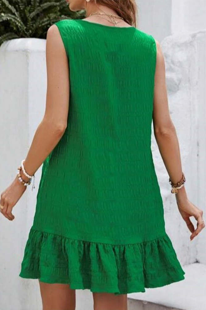 Elegant Solid Flounce Fold Oblique Collar Sleeveless Dress Dresses