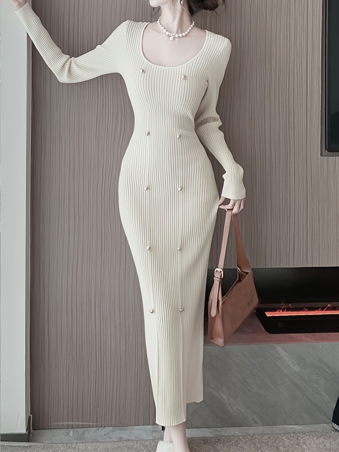 Ribbed Slim Solid Dress, Elegant Long Sleeve Dress For Spring & Fall, Women's Clothing
