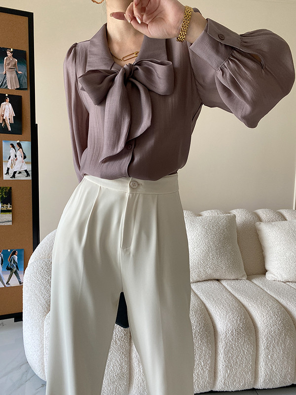 Urban Loose Long Sleeves Solid Color Lapel Collar Blouses