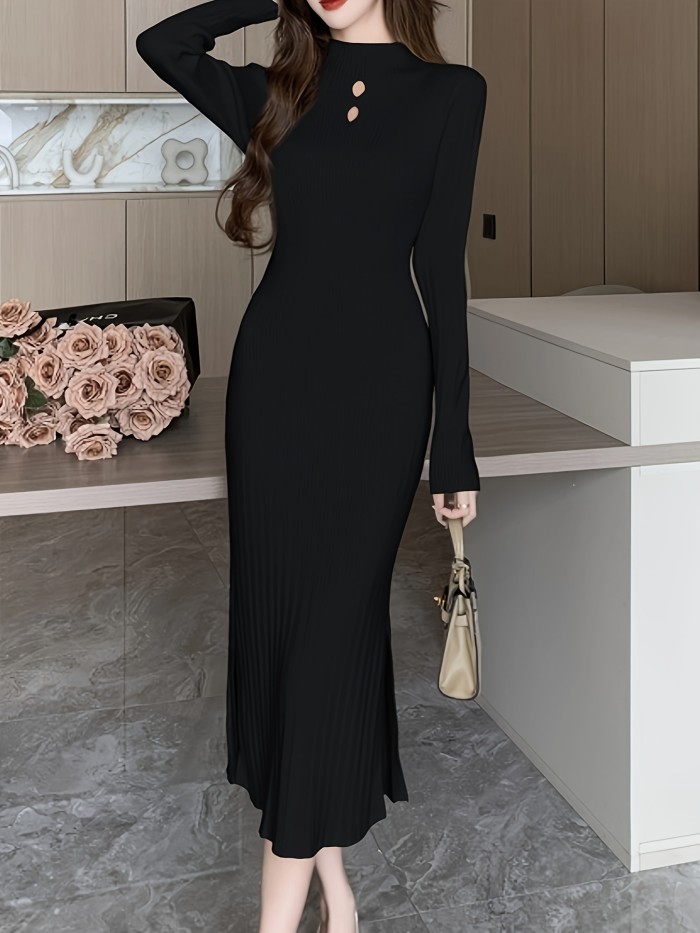 Solid Cut Out Mock Neck Dress, Elegant Pleated Long Sleeve Slim Dress For Spring & Fall, Women's Clothing