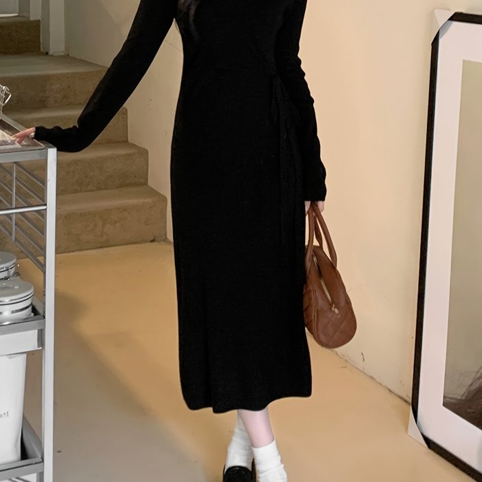 Solid V-neck Slim Dress, Elegant Long Sleeve Dress For Spring & Fall, Women's Clothing