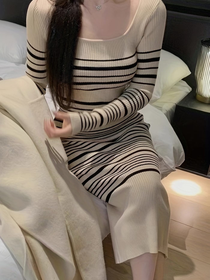 Striped Print Knitted Slim Dress, Elegant Long Sleeve Dress, Women's Clothing