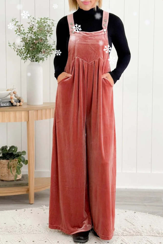 Casual Solid Pocket Fold Square Collar Loose Jumpsuits