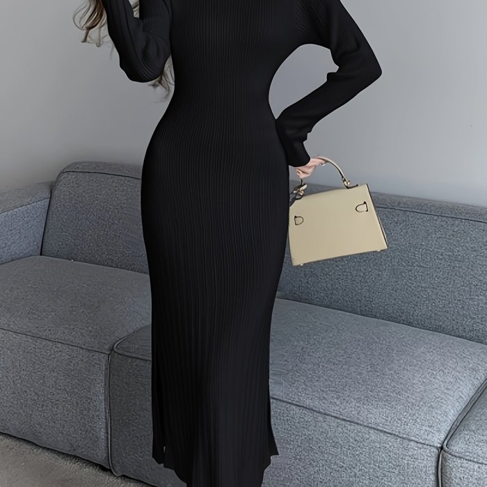 Solid Cut Out Mock Neck Dress, Elegant Pleated Long Sleeve Slim Dress For Spring & Fall, Women's Clothing