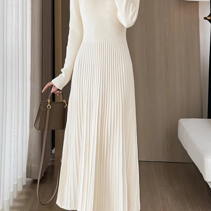 Solid Pleated Hem Knitted Dress, Elegant Long Sleeve V-neck Sweater Dress, Women's Clothing