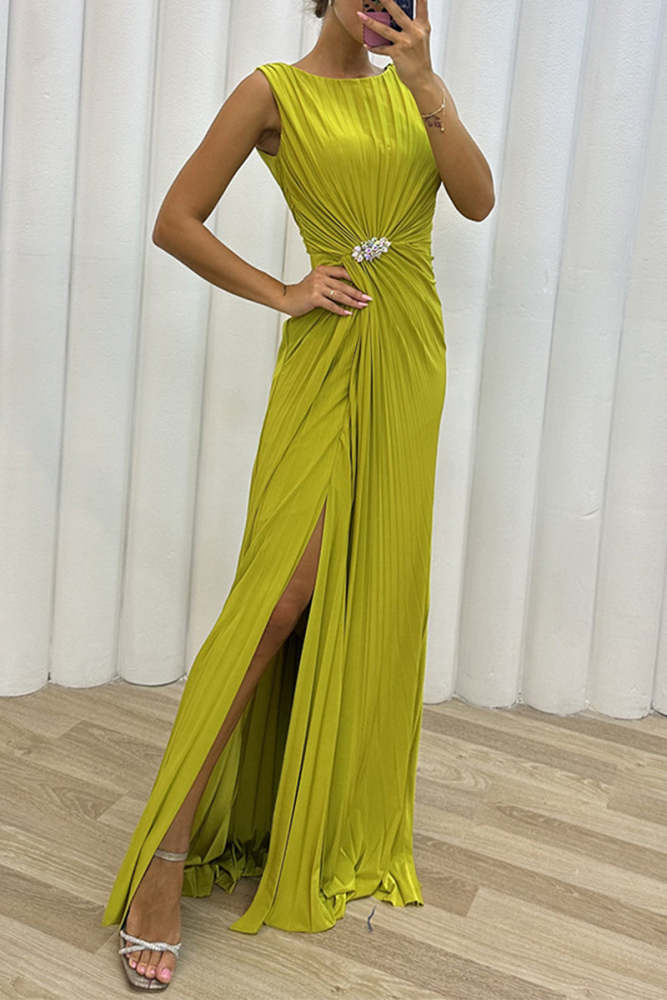 Elegant Formal Solid Slit Fold O Neck Evening Dress Dresses