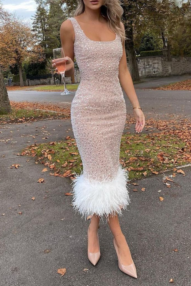Sexy Solid Feathers Square Collar Pencil Skirt Dresses