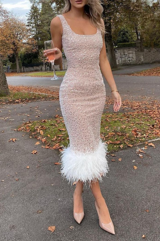 Sexy Solid Feathers Square Collar Pencil Skirt Dresses