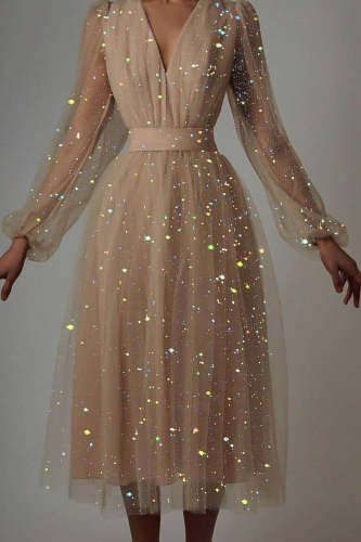 Elegant Bronzing Sequined V Neck Evening Dress Dresses