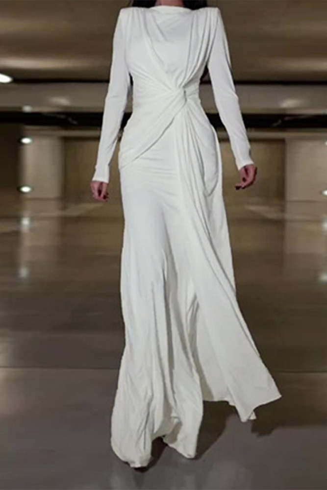 Elegant Solid Fold O Neck Evening Dress Dresses