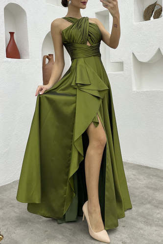 Elegant Formal Solid Slit Asymmetrical Halter Evening Dress Dresses
