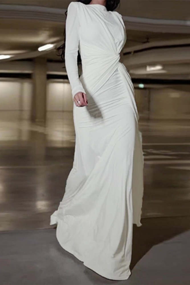 Elegant Solid Fold O Neck Evening Dress Dresses