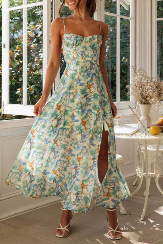 Sweet Elegant Frenulum Backless Slit Strapless Printed Dress Dresses