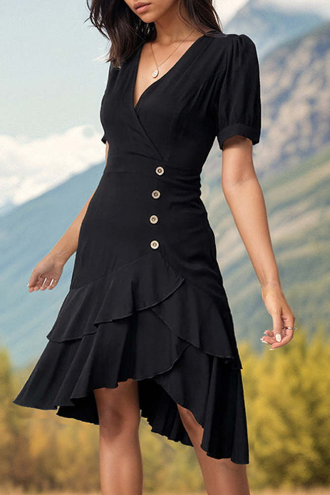 Elegant Solid Buttons Flounce V Neck Irregular Dress Dresses