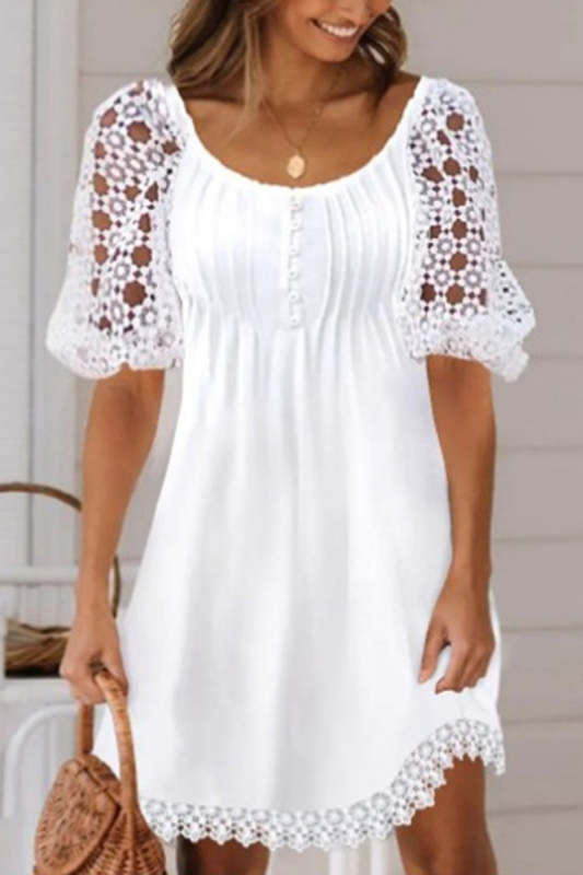Casual Solid Lace Hollowed Out O Neck A Line Dresses
