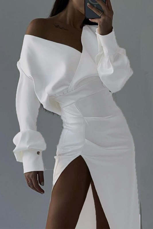 Sexy Solid Slit Asymmetrical V Neck Irregular Dress Dresses