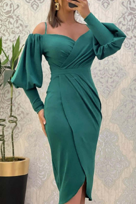 Sweet Elegant Solid Fold Off the Shoulder Irregular Dress Dresses