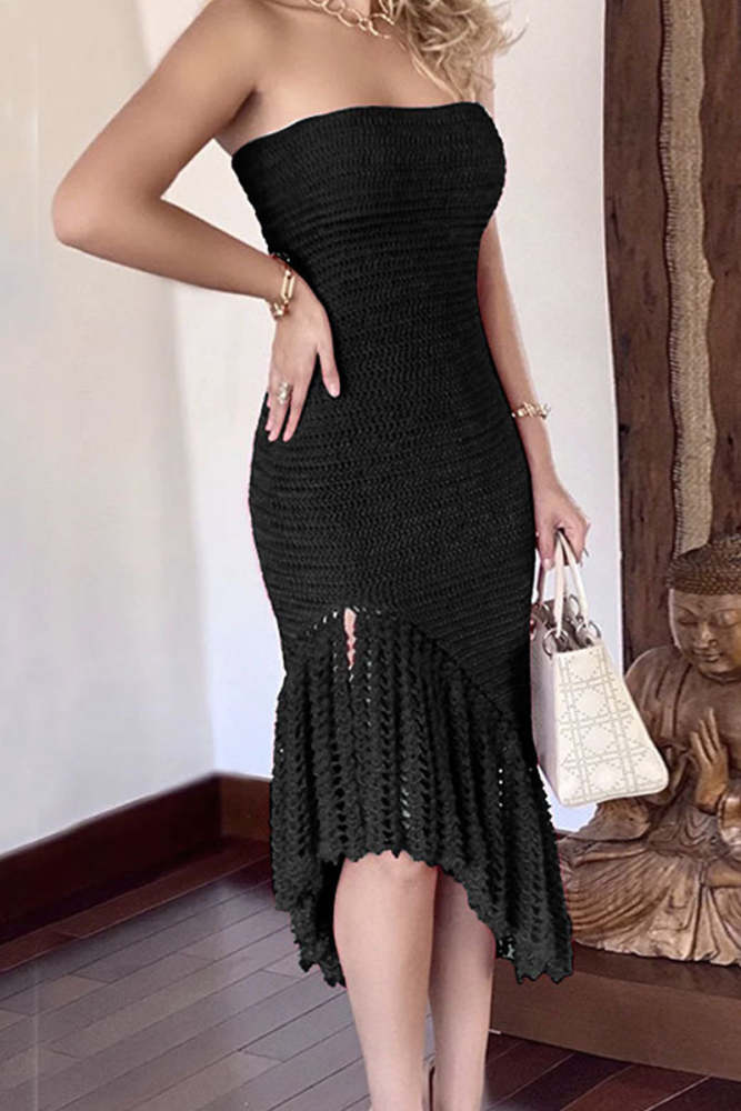 Sexy Vacation Solid Tassel Hollowed Out Asymmetrical Strapless Beach Dress Dresses