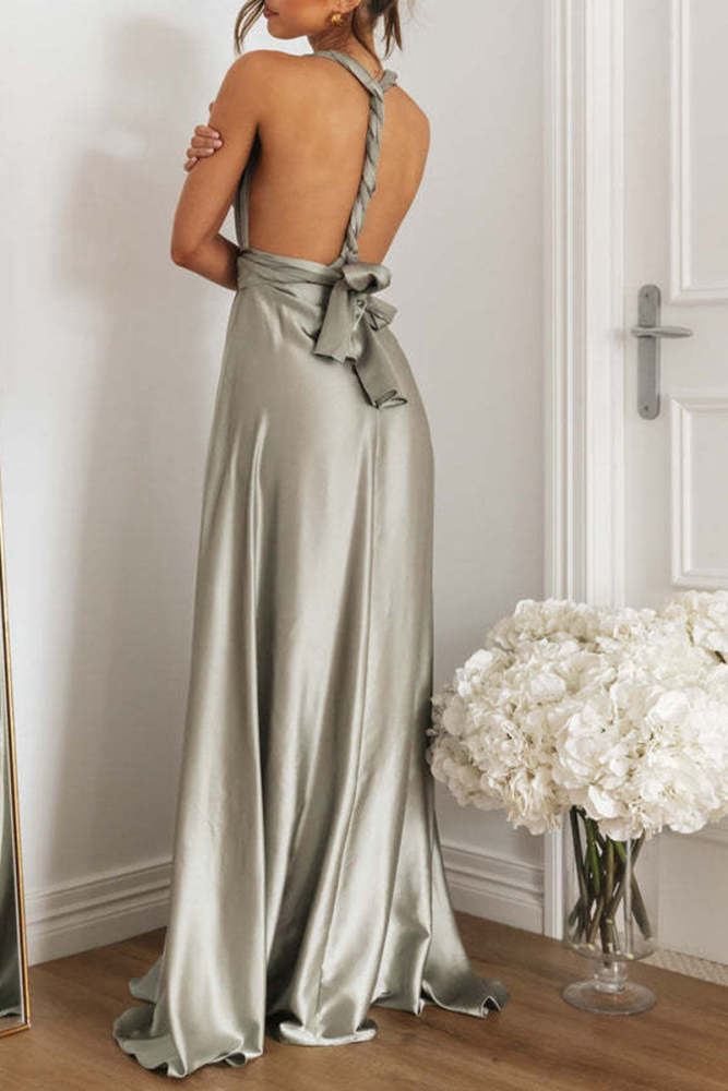 Elegant Solid Backless Strap Design V Neck Evening Dress Dresses