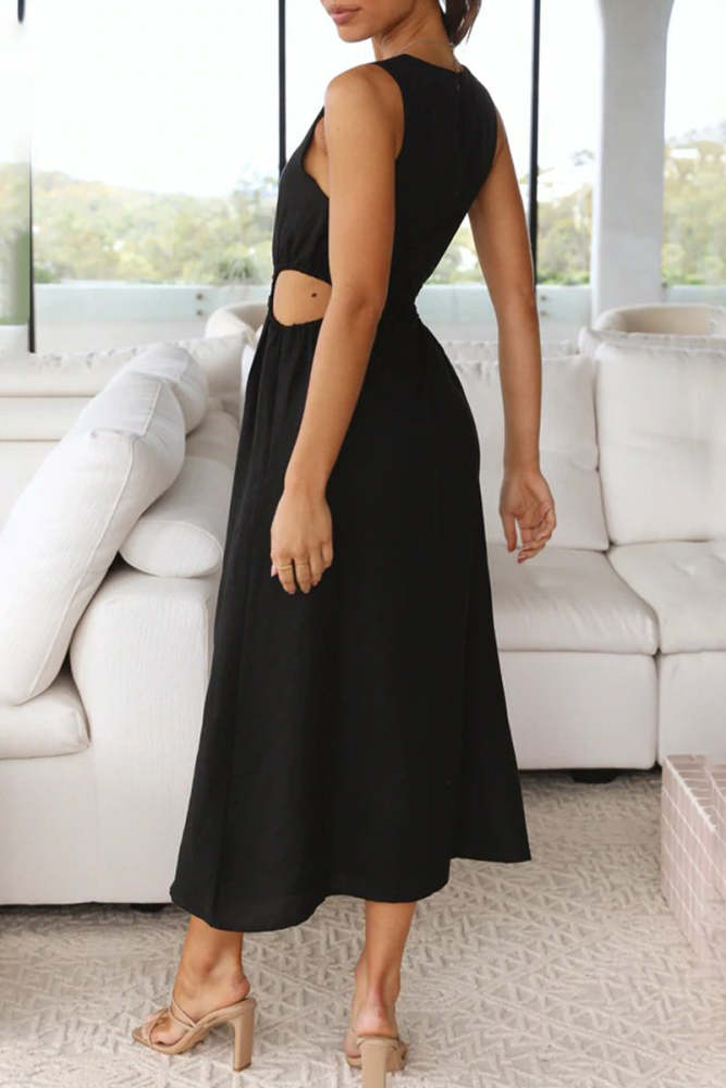 Sweet Simplicity Solid Hollowed Out Slit O Neck Sleeveless Dress Dresses