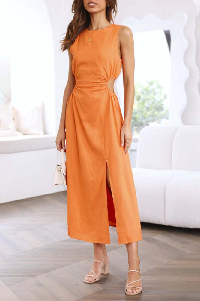 Sweet Simplicity Solid Hollowed Out Slit O Neck Sleeveless Dress Dresses
