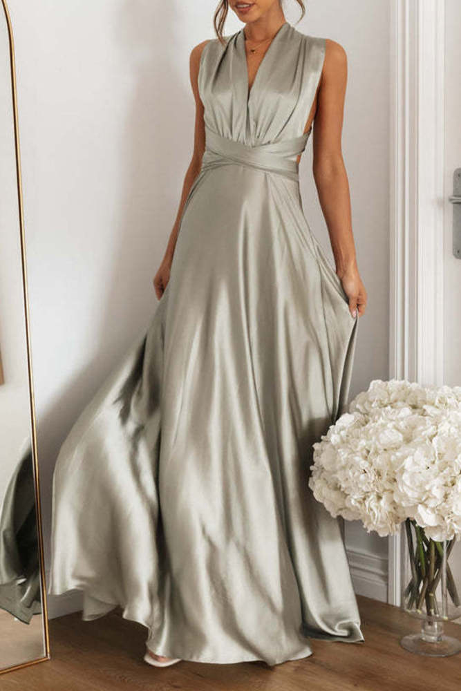 Elegant Solid Backless Strap Design V Neck Evening Dress Dresses