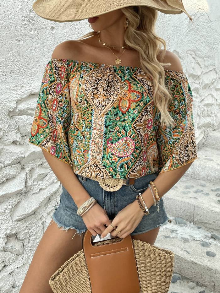 Paisley Print Off Shoulder Blouse, Ethnic Flare Sleeve Blouse For Spring & Summer, Women's Clothing