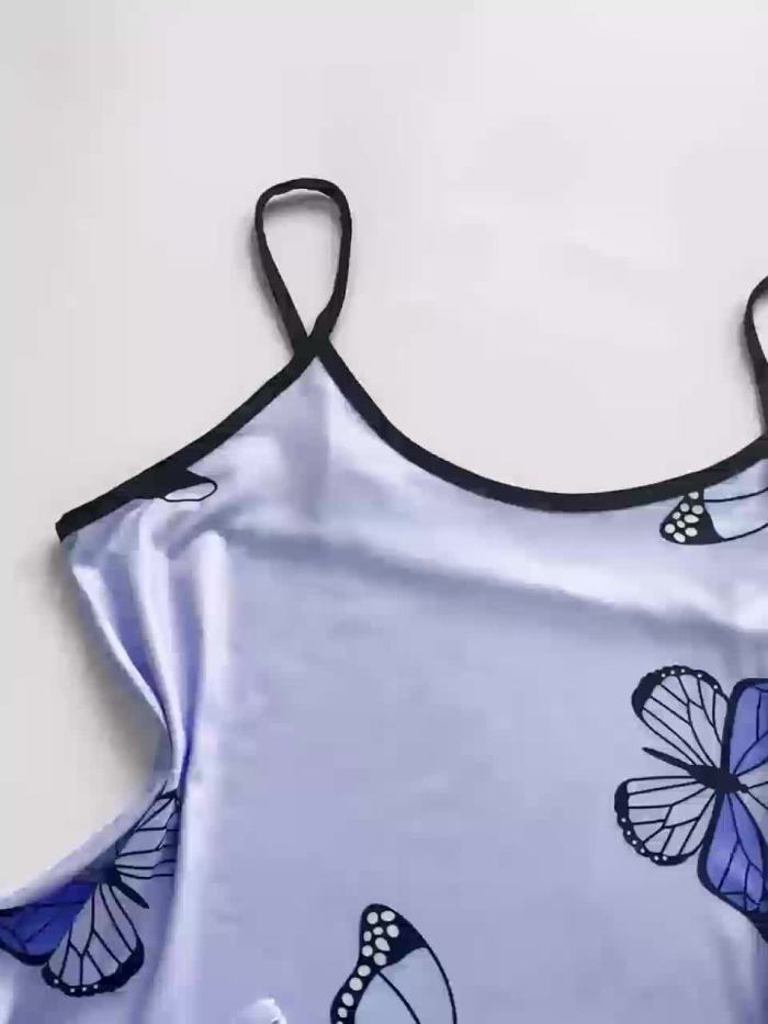 Butterfly Print Pajama Set, Lettuce Trim Cami Top & Elastic Waistband Shorts, Women's Sleepwear & Loungewear