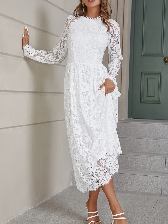 Lace Crochet Crew Neck Dress, Elegant Long Sleeve Dress For Spring & Fall, Women's Clothing